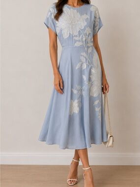 Karen Millen Powder Blue Midi Dress with White Floral Embroidery